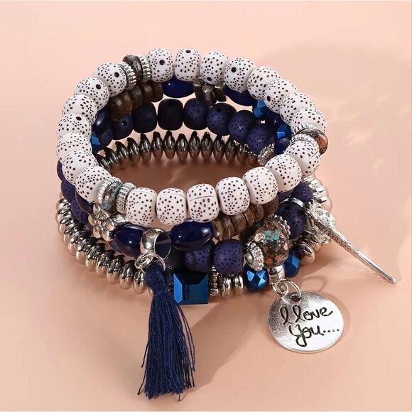 I Love You Heart Charm 4 Piece Boho Beaded Bracelet Set - Picture 3 of 5